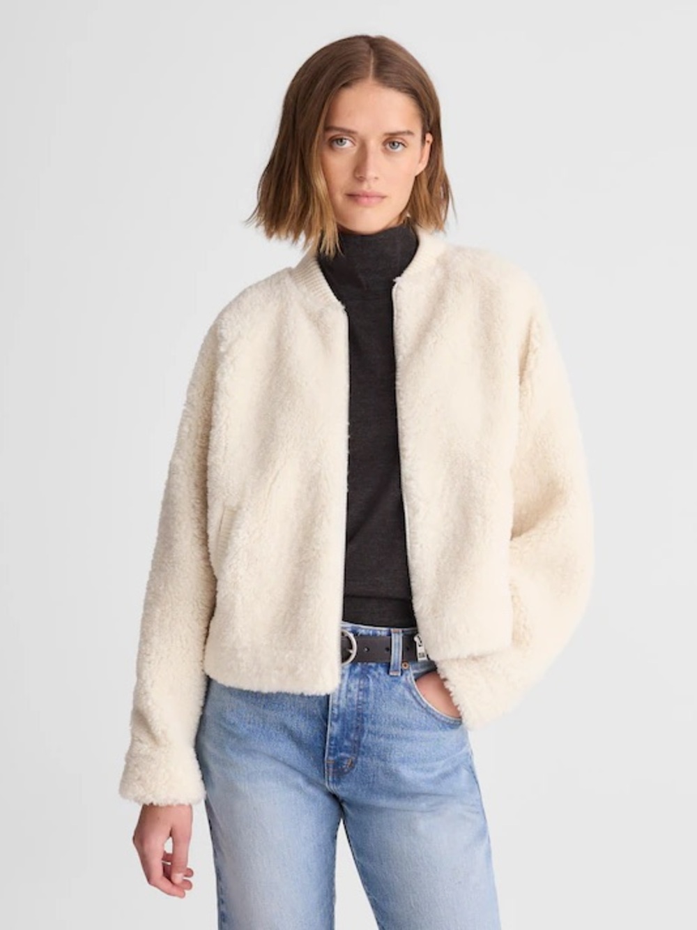NWT Madewell Ivory Zip Bomber Jacket in Sherpa, Oversized, Size Small